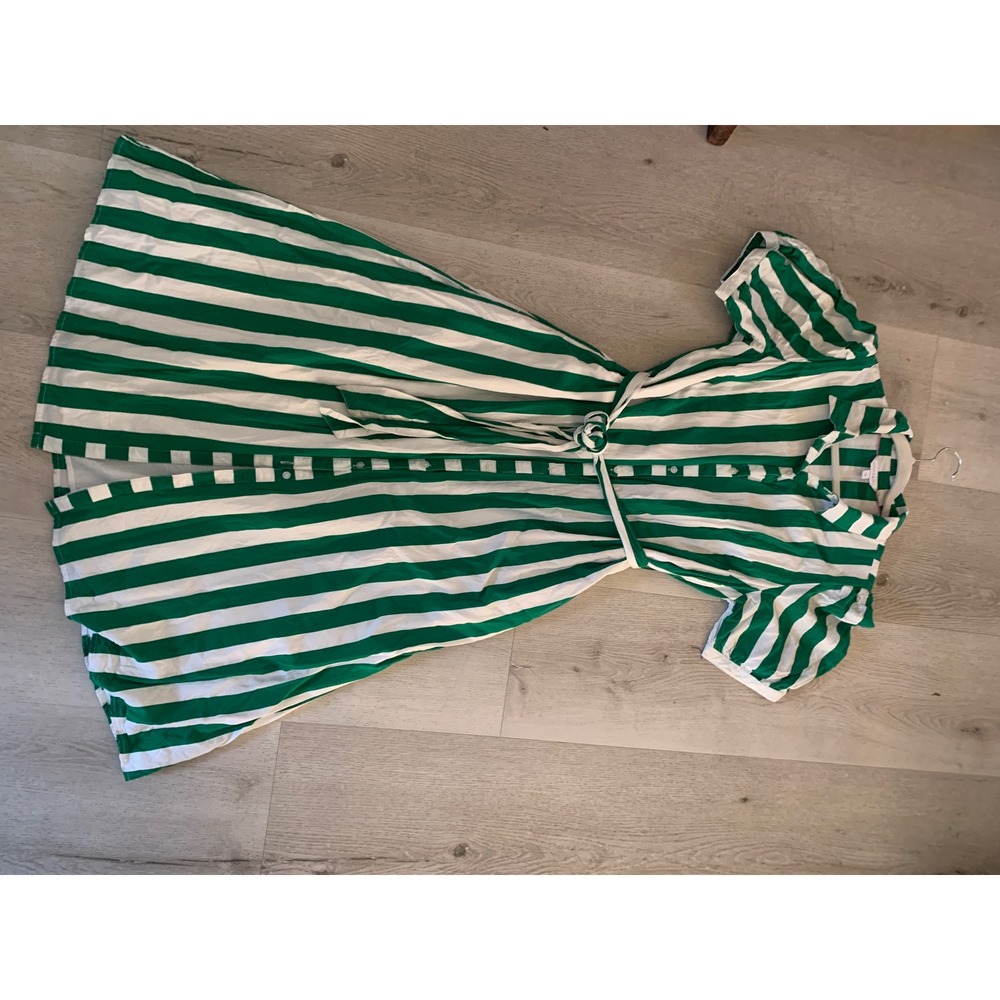 Crown & Ivy Green White Striped Midi Shirt Dress Puff Sleeve Belted Pockets L - Picture 11 of 11